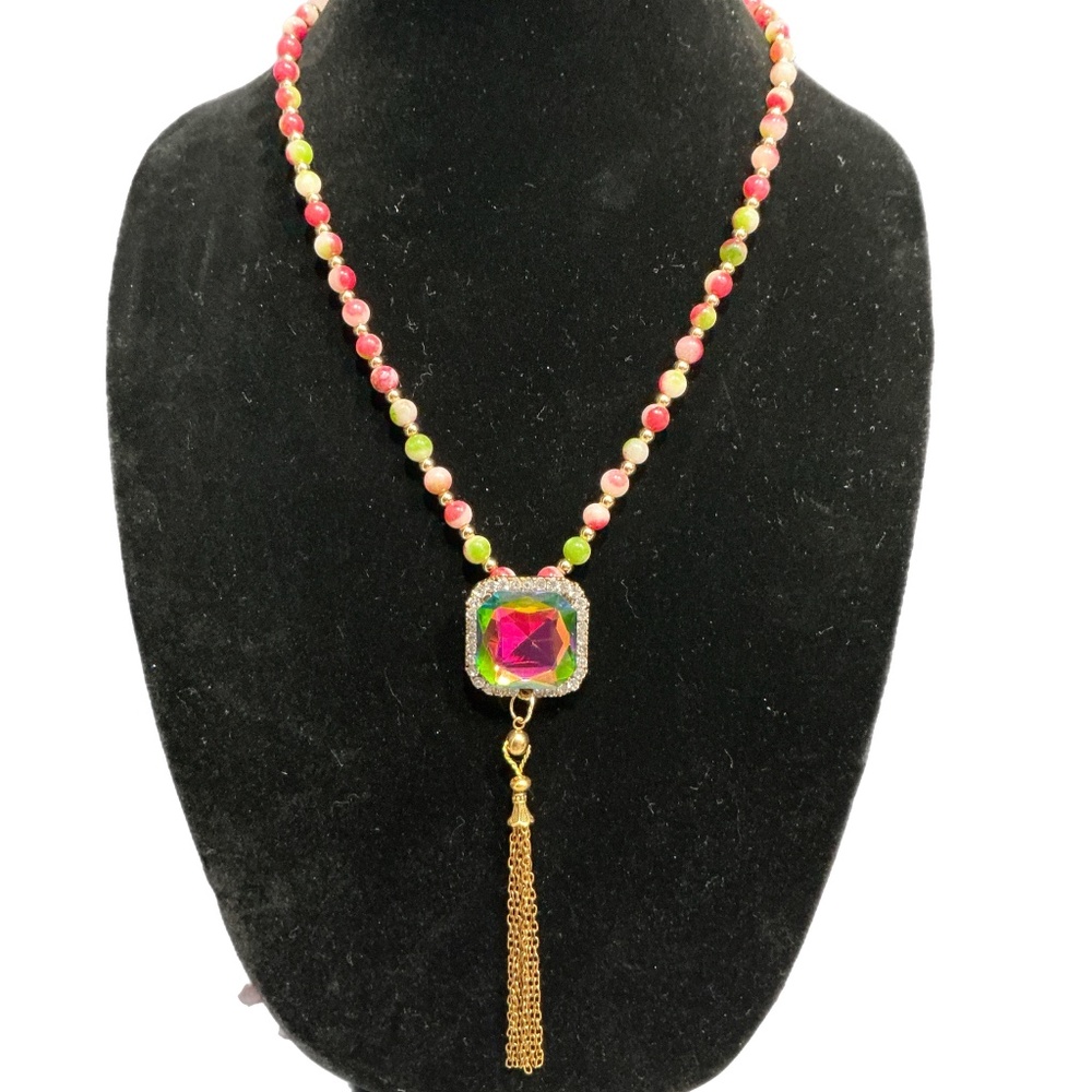 VINTAGE/ARTISAN WATERMELON BEADED 18" NECKLACE WITH RAINBOW CRYSTAL PENDANT